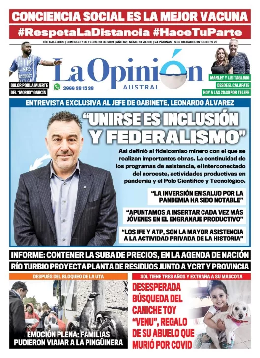 Diario La Opinión Austral tapa edición impresa del 7 de febrero de 2021, Río Gallegos, Santa Cruz, Argentina