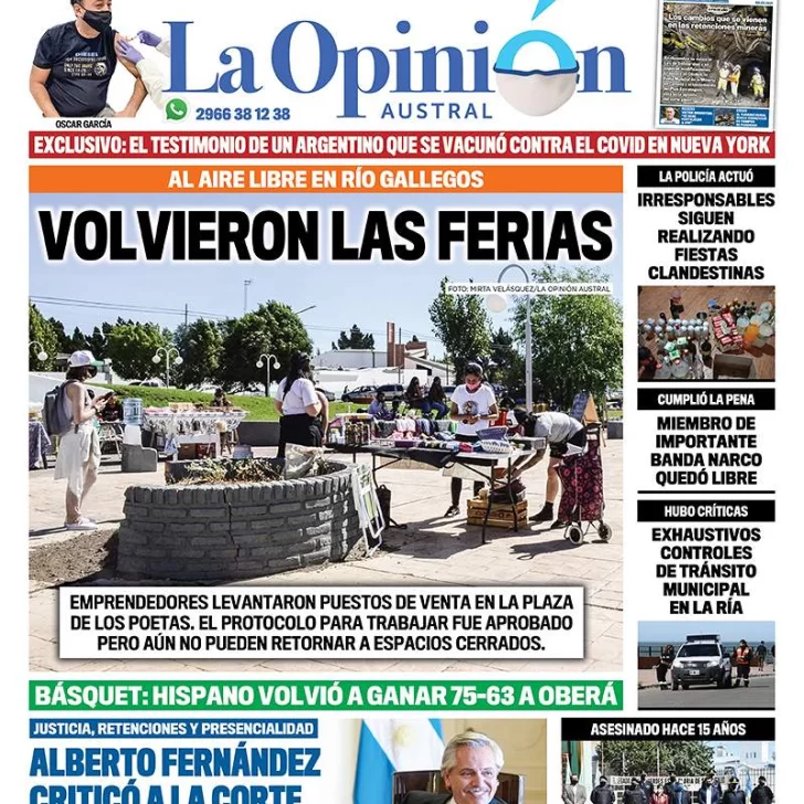 Diario La Opinión Austral tapa edición impresa del 8 de febrero de 2021, Río Gallegos, Santa Cruz, Argentina