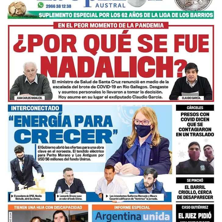 Diario La Opinión Austral tapa edición impresa del 1 de septiembre de 2020, Santa Cruz, Argentina
