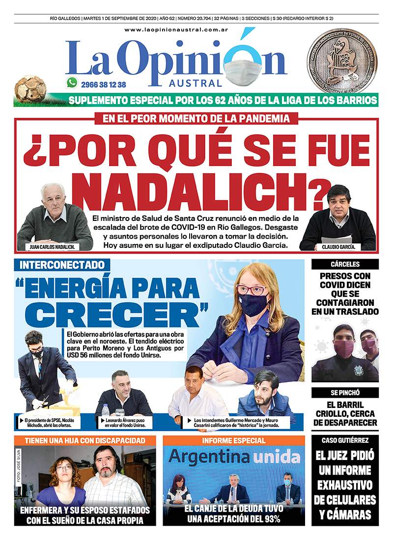 Diario La Opinión Austral tapa edición impresa del 1 de septiembre de 2020, Santa Cruz, Argentina