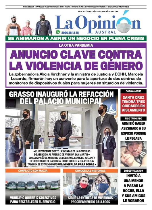 Diario La Opinión Austral tapa edición impresa del 22 de septiembre de 2020, Santa Cruz, Argentina