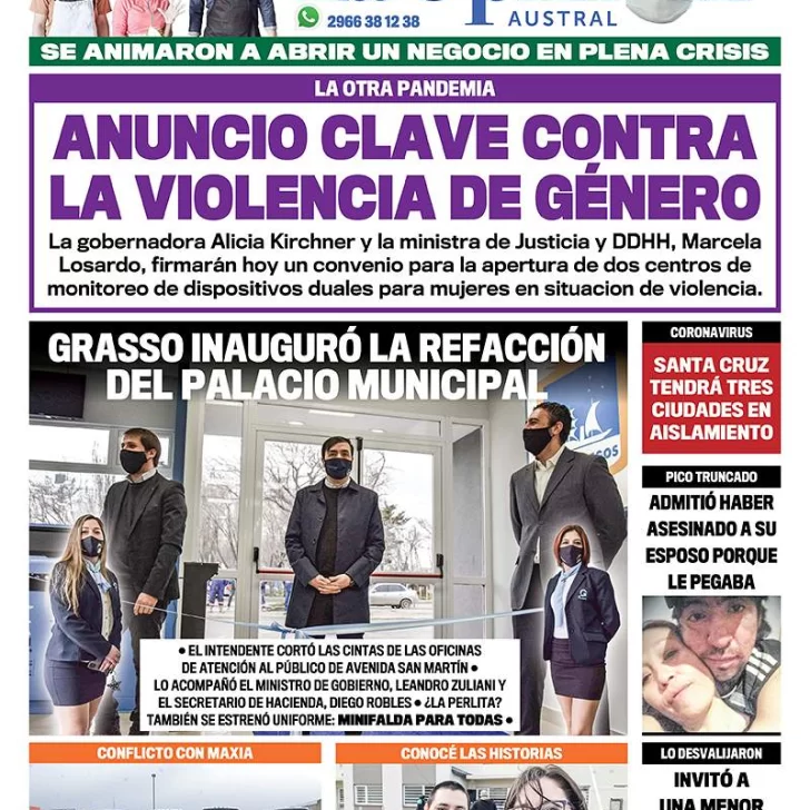 Diario La Opinión Austral tapa edición impresa del 22 de septiembre de 2020, Santa Cruz, Argentina