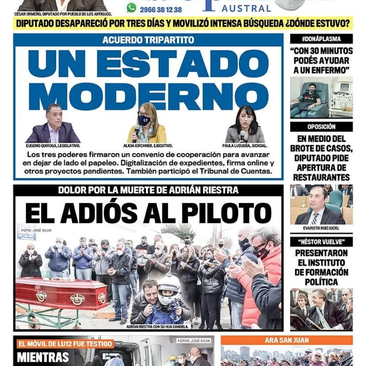 Diario La Opinión Austral tapa edición impresa del 24 de septiembre de 2020, Santa Cruz, Argentina