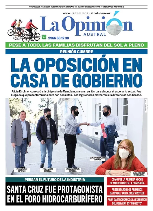 Diario La Opinión Austral tapa edición impresa del 26 de septiembre de 2020, Santa Cruz, Argentina