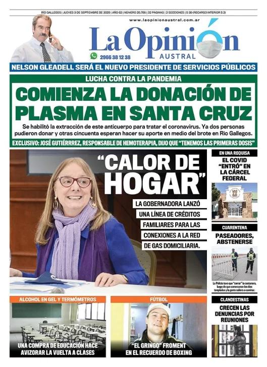 Diario La Opinión Austral tapa edición impresa del 3 de septiembre de 2020, Santa Cruz, Argentina