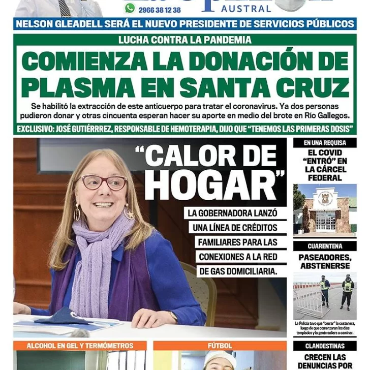 Diario La Opinión Austral tapa edición impresa del 3 de septiembre de 2020, Santa Cruz, Argentina