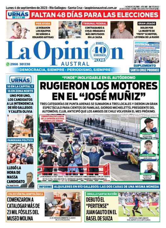 Diario La Opinión Austral tapa edición impresa del lunes 4 de septiembre de 2023, Río Gallegos, Santa Cruz, Argentina