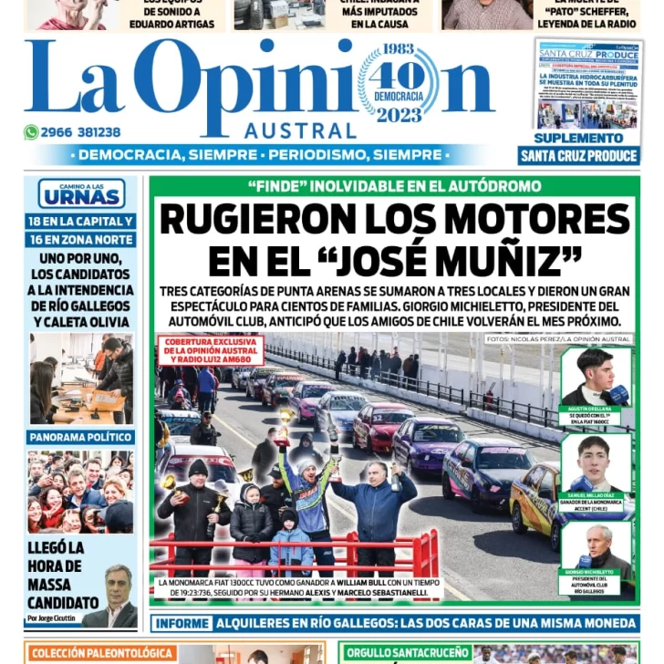 Diario La Opinión Austral tapa edición impresa del lunes 4 de septiembre de 2023, Río Gallegos, Santa Cruz, Argentina