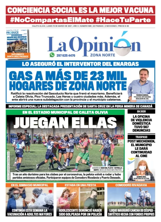 Diario La Opinión Zona Norte tapa edición impresa del 15 de marzo de 2021, Santa Cruz, Argentina
