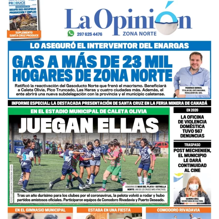 Diario La Opinión Zona Norte tapa edición impresa del 15 de marzo de 2021, Santa Cruz, Argentina