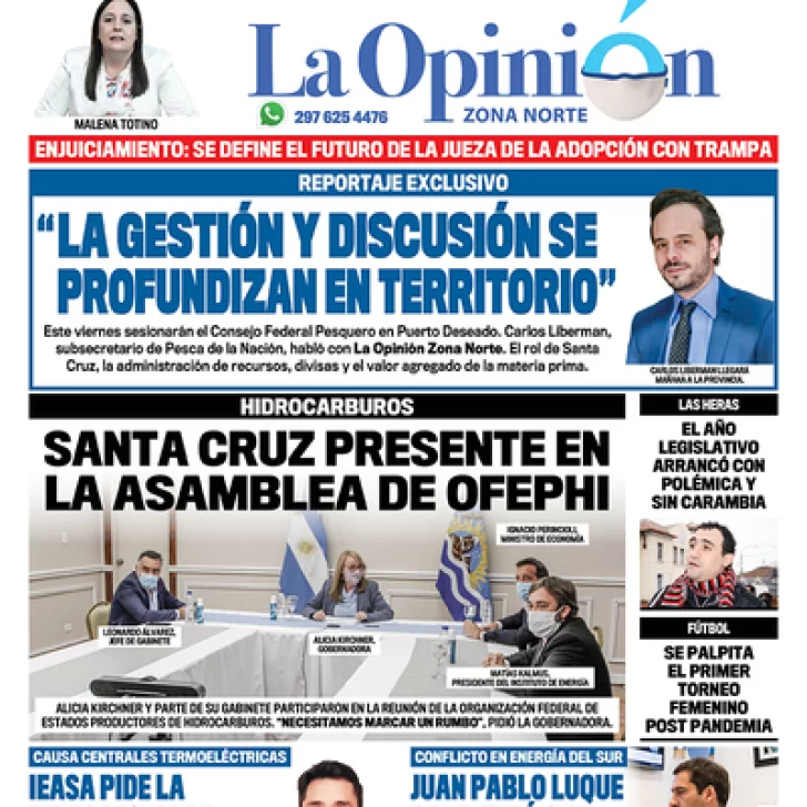 Diario La Opinión Zona Norte tapa edición impresa del 4 de marzo de 2021, Santa Cruz, Argentina