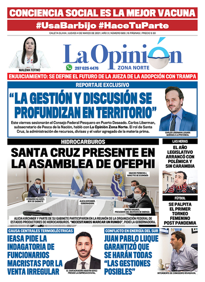 Diario La Opinión Zona Norte tapa edición impresa del 4 de marzo de 2021, Santa Cruz, Argentina