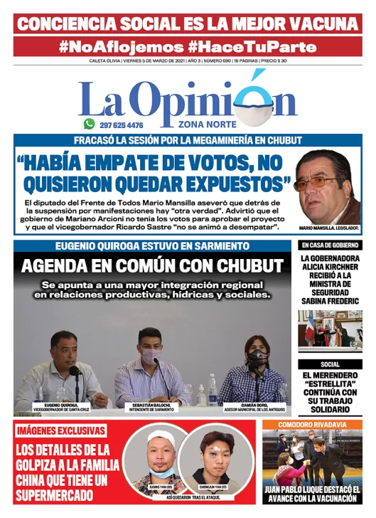 Diario La Opinión Zona Norte tapa edición impresa del 5 de marzo de 2021, Santa Cruz, Argentina