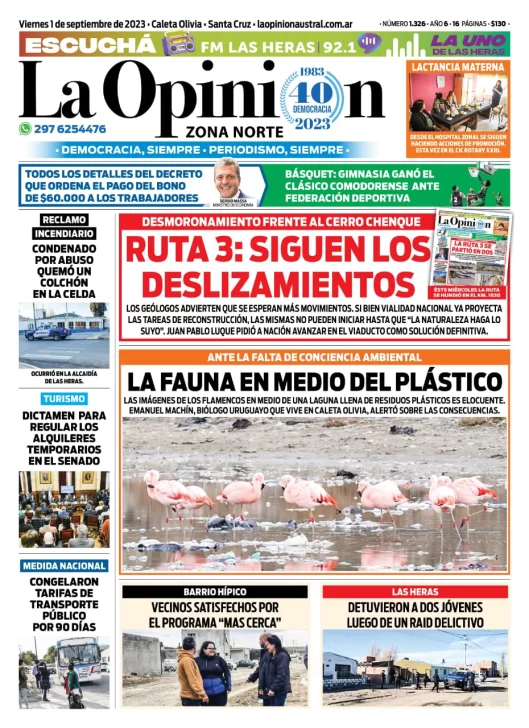 Diario La Opinión Zona Norte tapa edición impresa del viernes 1 de septiembre de 2023, Caleta Olivia, Santa Cruz, Argentina