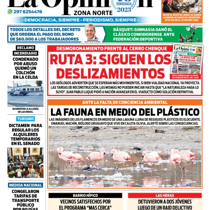 Diario La Opinión Zona Norte tapa edición impresa del viernes 1 de septiembre de 2023, Caleta Olivia, Santa Cruz, Argentina