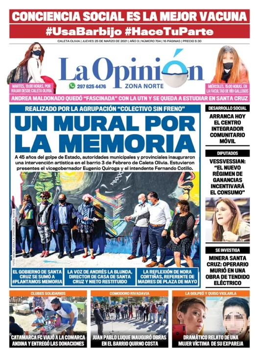 Diario La Opinión Zona Norte tapa edición impresa del 25 de marzo de 2021, Río Gallegos, Santa Cruz, Argentina
