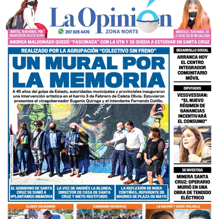 Diario La Opinión Zona Norte tapa edición impresa del 25 de marzo de 2021, Río Gallegos, Santa Cruz, Argentina