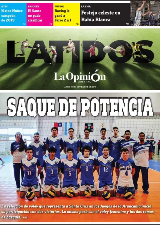 Tapa Suplemento deportivo de La Opinión Austral LATIDOS, Santa Cruz, 11 de noviembre de 2019