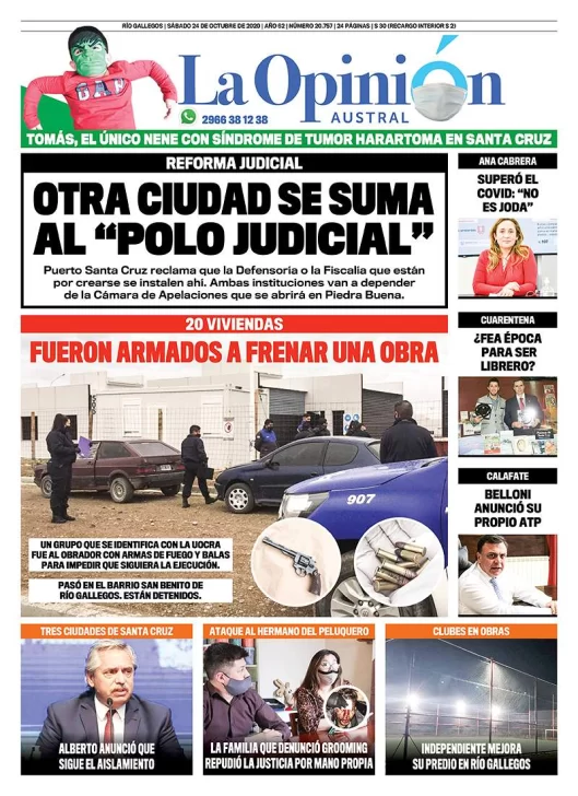 Diario La Opinión Austral tapa edición impresa del 24 de octubre de 2020, Río Gallegos, Santa Cruz, Argentina
