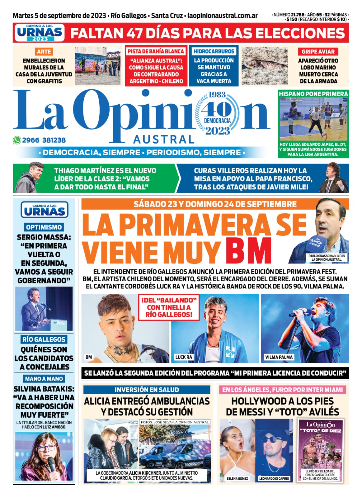 Diario La Opinión Austral tapa edición impresa del martes 5 de septiembre de 2023, Río Gallegos, Santa Cruz, Argentina