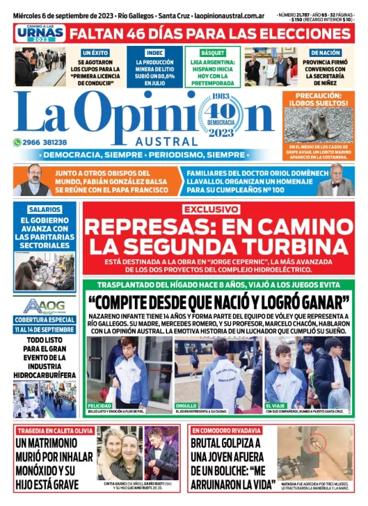 Diario La Opinión Austral tapa edición impresa del miércoles 6 de septiembre de 2023, Río Gallegos, Santa Cruz, Argentina