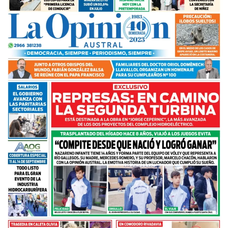 Diario La Opinión Austral tapa edición impresa del miércoles 6 de septiembre de 2023, Río Gallegos, Santa Cruz, Argentina