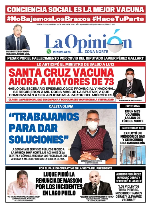 Diario La Opinión Zona Norte tapa edición impresa del 16 de marzo de 2021, Río Gallegos, Santa Cruz, Argentina