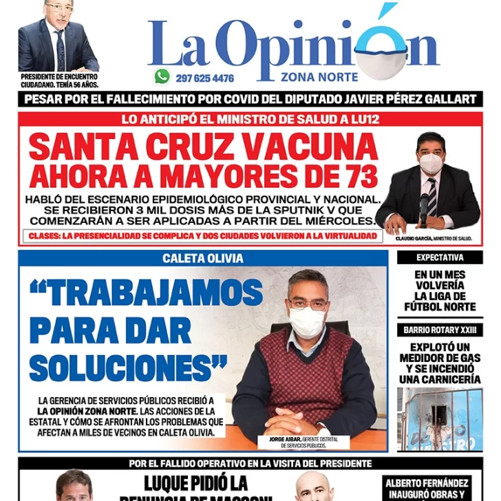 Diario La Opinión Zona Norte tapa edición impresa del 16 de marzo de 2021, Río Gallegos, Santa Cruz, Argentina