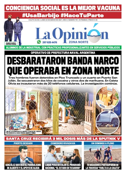 Diario La Opinión Zona Norte tapa edición impresa del 22 de marzo de 2021, Río Gallegos, Santa Cruz, Argentina