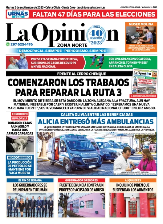 Diario La Opinión Zona Norte tapa edición impresa del martes 5 de septiembre de 2023, Caleta Olivia, Santa Cruz, Argentina