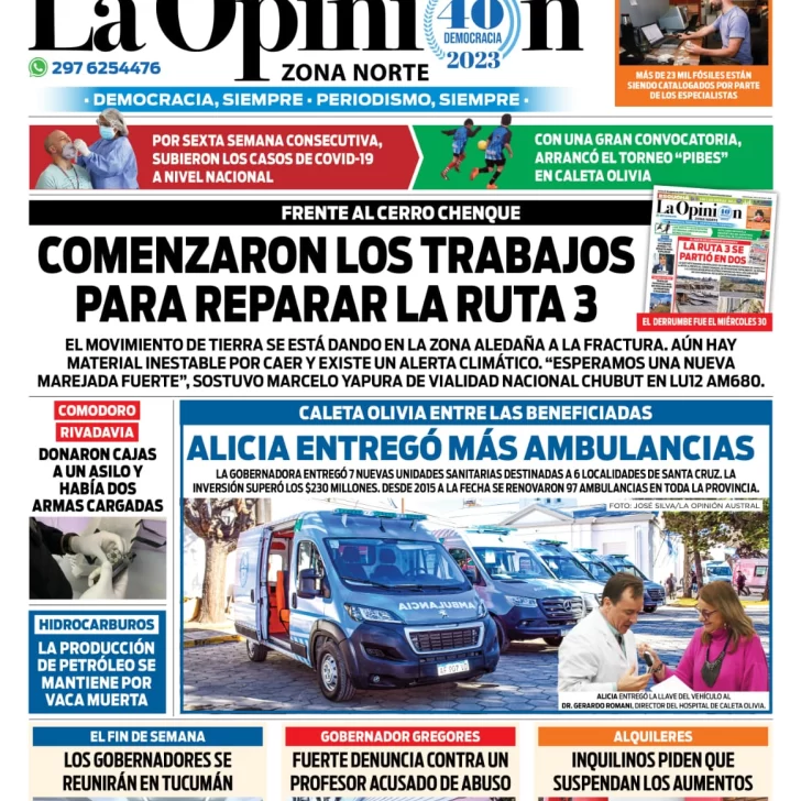 Diario La Opinión Zona Norte tapa edición impresa del martes 5 de septiembre de 2023, Caleta Olivia, Santa Cruz, Argentina