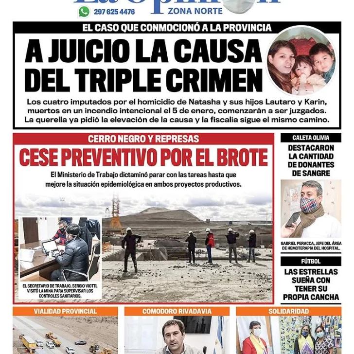 Diario La Opinión Zona Norte tapa edición impresa del 8 de octubre de 2020, Santa Cruz, Argentina