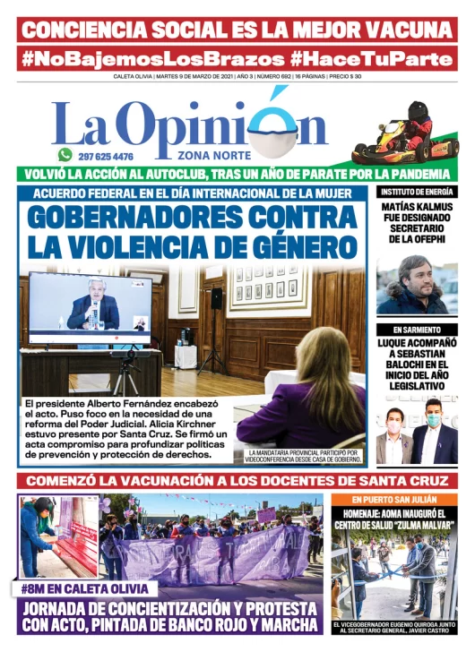Diario La Opinión Zona Norte tapa edición impresa del 9 de marzo de 2021, Santa Cruz, Argentina