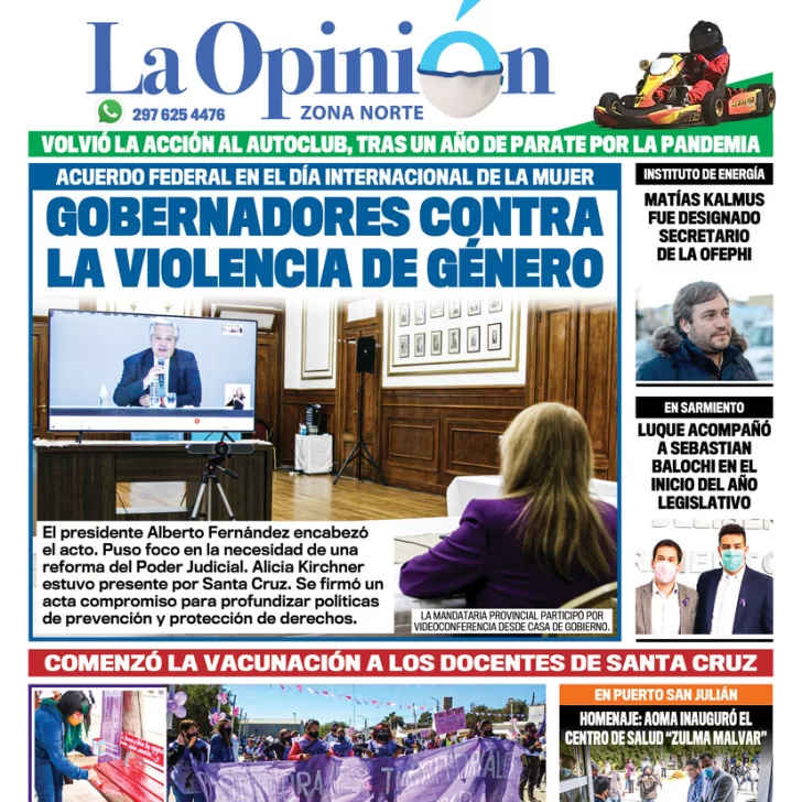 Diario La Opinión Zona Norte tapa edición impresa del 9 de marzo de 2021, Santa Cruz, Argentina