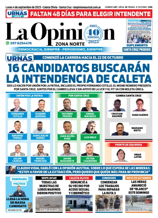 Diario La Opinión Zona Norte tapa edición impresa del lunes 4 de septiembre de 2023, Caleta Olivia, Santa Cruz, Argentina