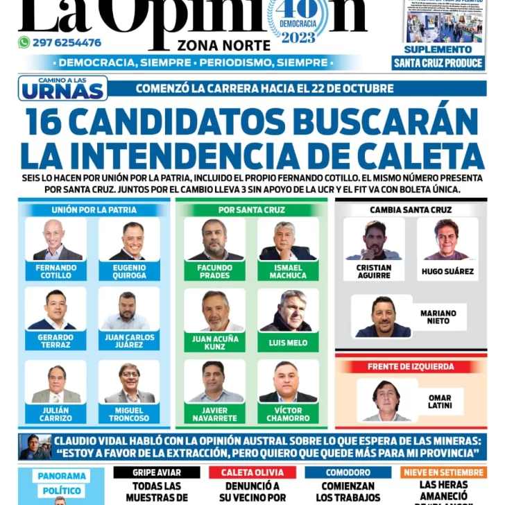 Diario La Opinión Zona Norte tapa edición impresa del lunes 4 de septiembre de 2023, Caleta Olivia, Santa Cruz, Argentina