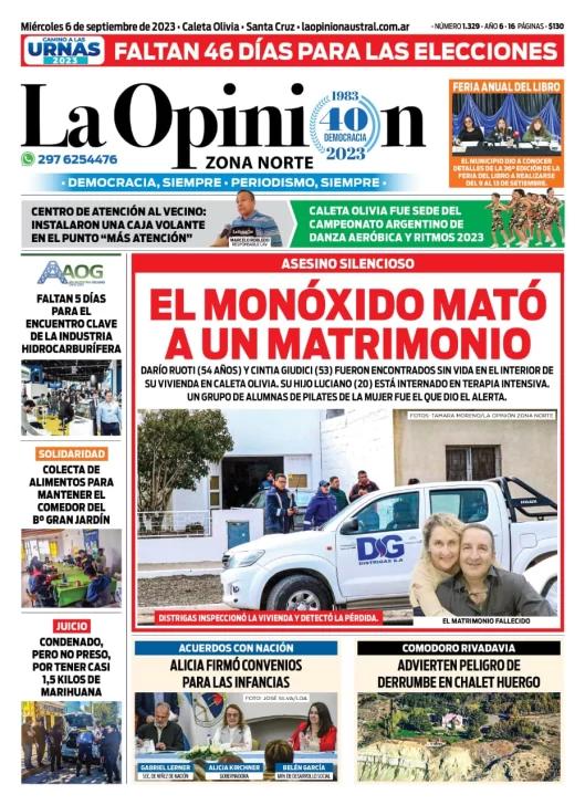 Diario La Opinión Zona Norte tapa edición impresa del miércoles 6 de septiembre de 2023, Caleta Olivia, Santa Cruz, Argentina