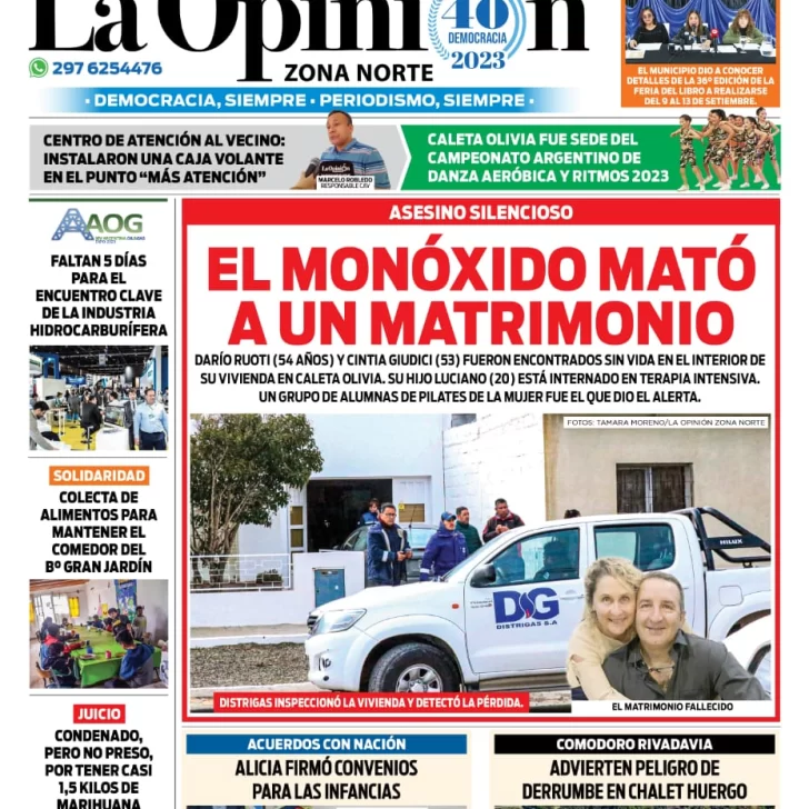 Diario La Opinión Zona Norte tapa edición impresa del miércoles 6 de septiembre de 2023, Caleta Olivia, Santa Cruz, Argentina