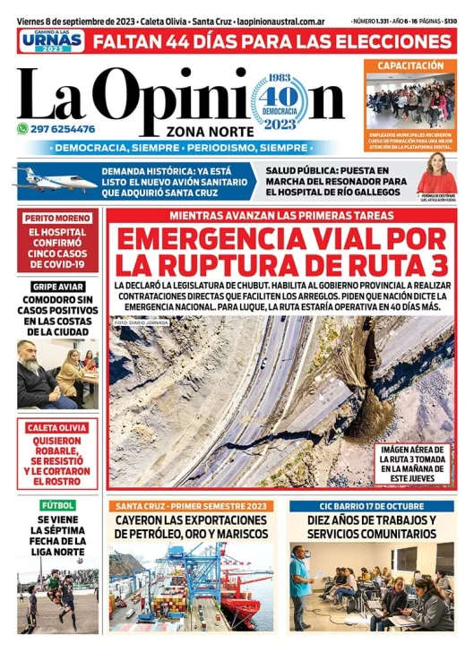 Diario La Opinión Zona Norte tapa edición impresa del viernes 8 de septiembre de 2023, Caleta Olivia, Santa Cruz, Argentina