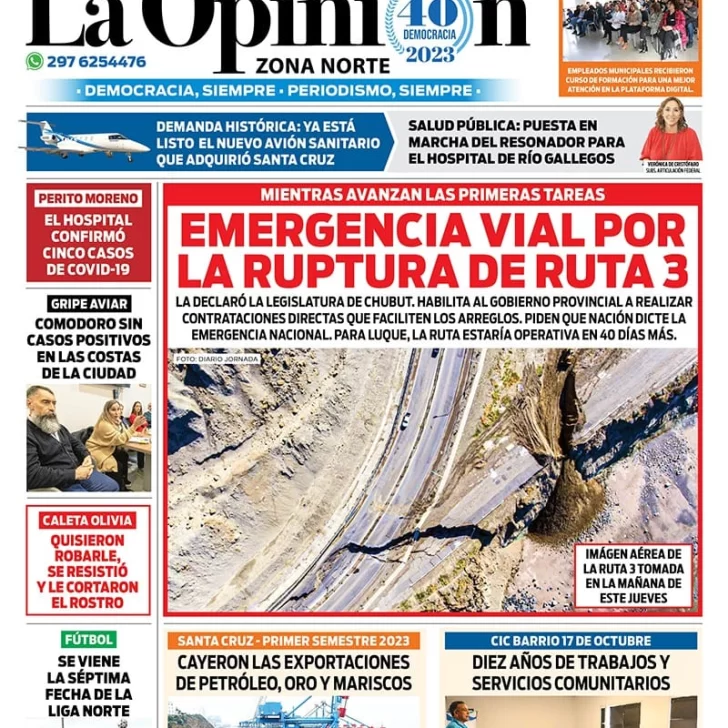 Diario La Opinión Zona Norte tapa edición impresa del viernes 8 de septiembre de 2023, Caleta Olivia, Santa Cruz, Argentina