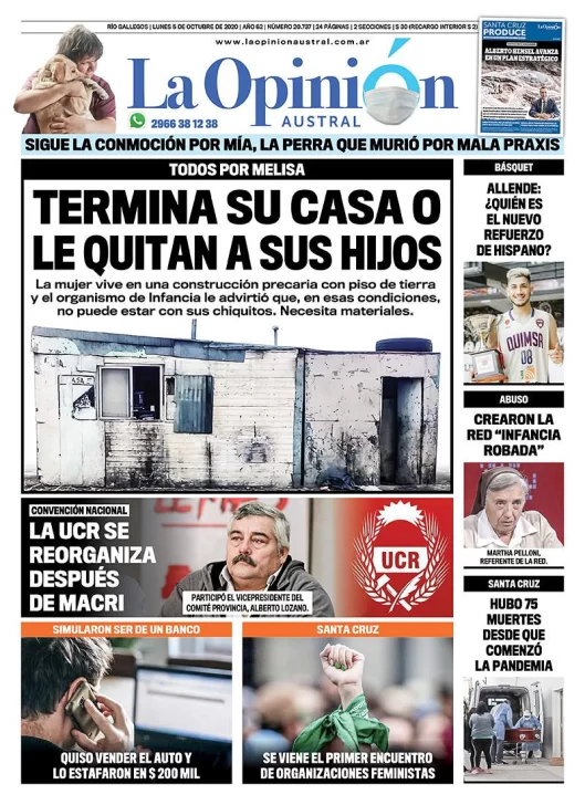 Diario La Opinión Austral tapa edición impresa del 5 de octubre de 2020, Río Gallegos, Santa Cruz, Argentina