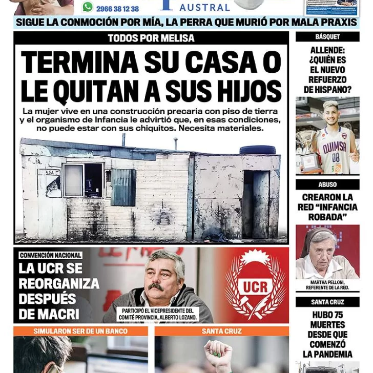 Diario La Opinión Austral tapa edición impresa del 5 de octubre de 2020, Río Gallegos, Santa Cruz, Argentina