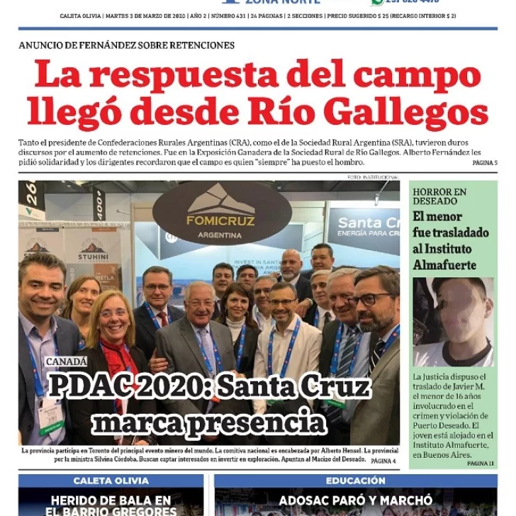 Tapa de La Opinión Zona Norte, edición impresa del día martes 3 de marzo de 2020