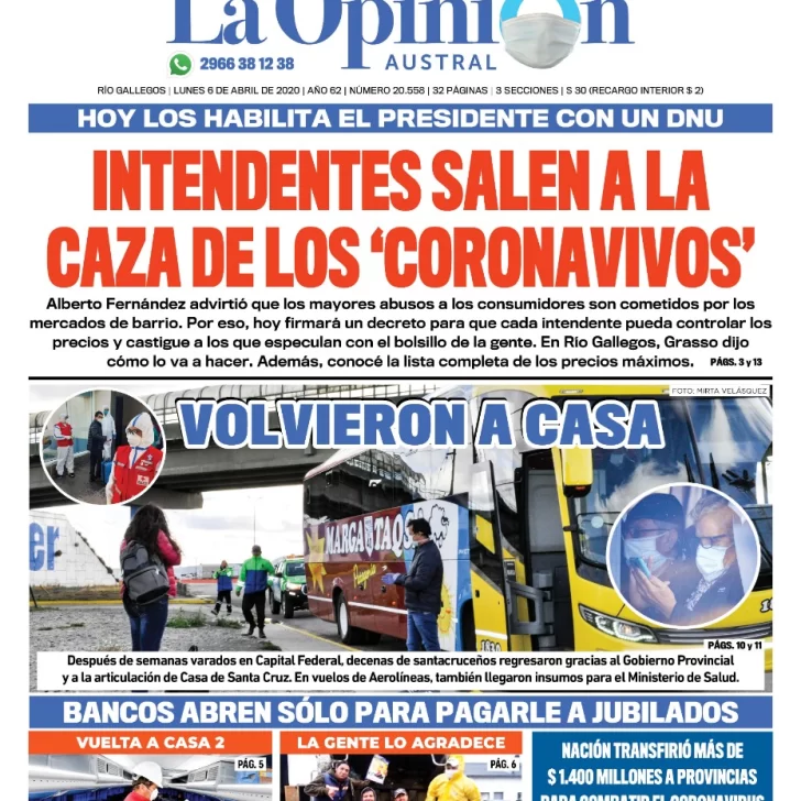 Diario La Opinión Austral edición impresa del 6 de abril de 2020, Santa Cruz, Argentina
