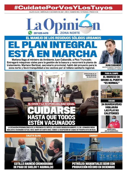 Diario La Opinión Zona Norte tapa edición impresa del 13 de enero de 2021, Santa Cruz, Argentina