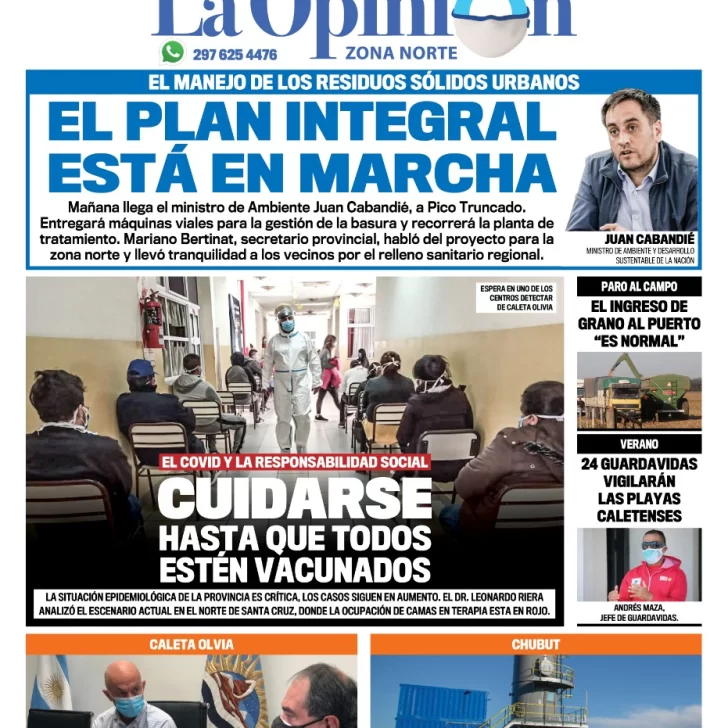 Diario La Opinión Zona Norte tapa edición impresa del 13 de enero de 2021, Santa Cruz, Argentina