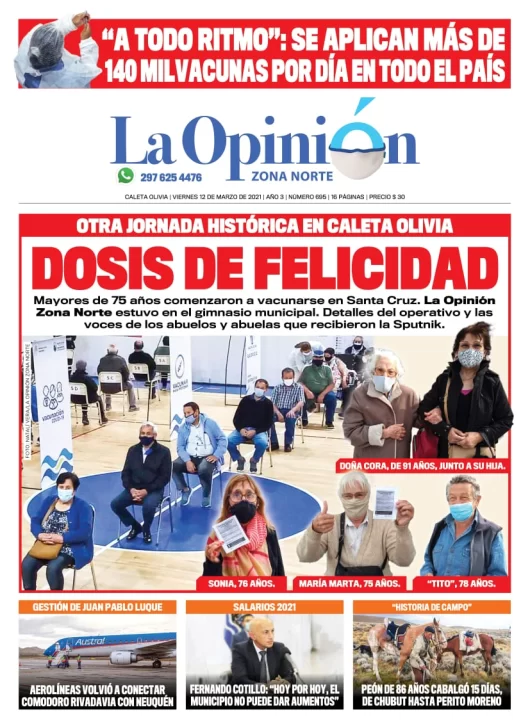 Diario La Opinión Zona Norte tapa edición impresa del 12 de marzo de 2021, Santa Cruz, Argentina