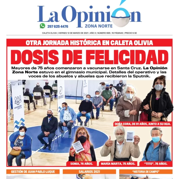 Diario La Opinión Zona Norte tapa edición impresa del 12 de marzo de 2021, Santa Cruz, Argentina