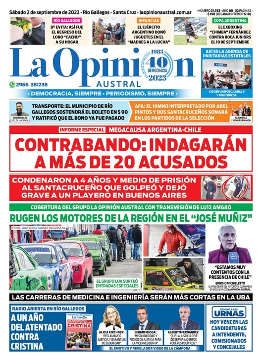 Diario La Opinión Austral tapa edición impresa del sábado 2 de septiembre de 2023, Río Gallegos, Santa Cruz, Argentina