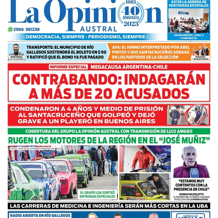 Diario La Opinión Austral tapa edición impresa del sábado 2 de septiembre de 2023, Río Gallegos, Santa Cruz, Argentina